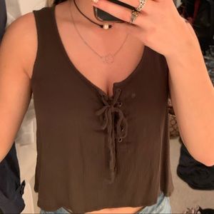 Olive green cropped lace up tank